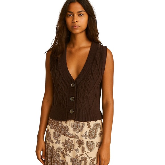 Free People Jackets & Blazers - Free People Boho Brown‎ Cable Chunky Knit Cropped Button Up Sweater Vest Small